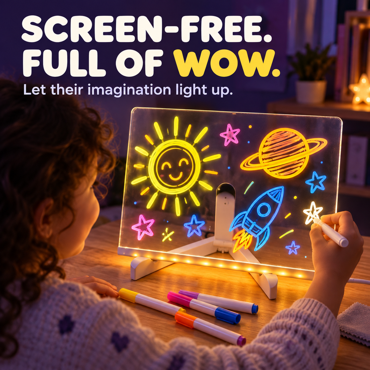 Screen-free wonder: child drawing on a glowing Kedino board in a violet evening setting.