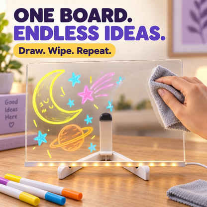 Draw, wipe, repeat: hand wiping a drawing from a Kedino light-up board.