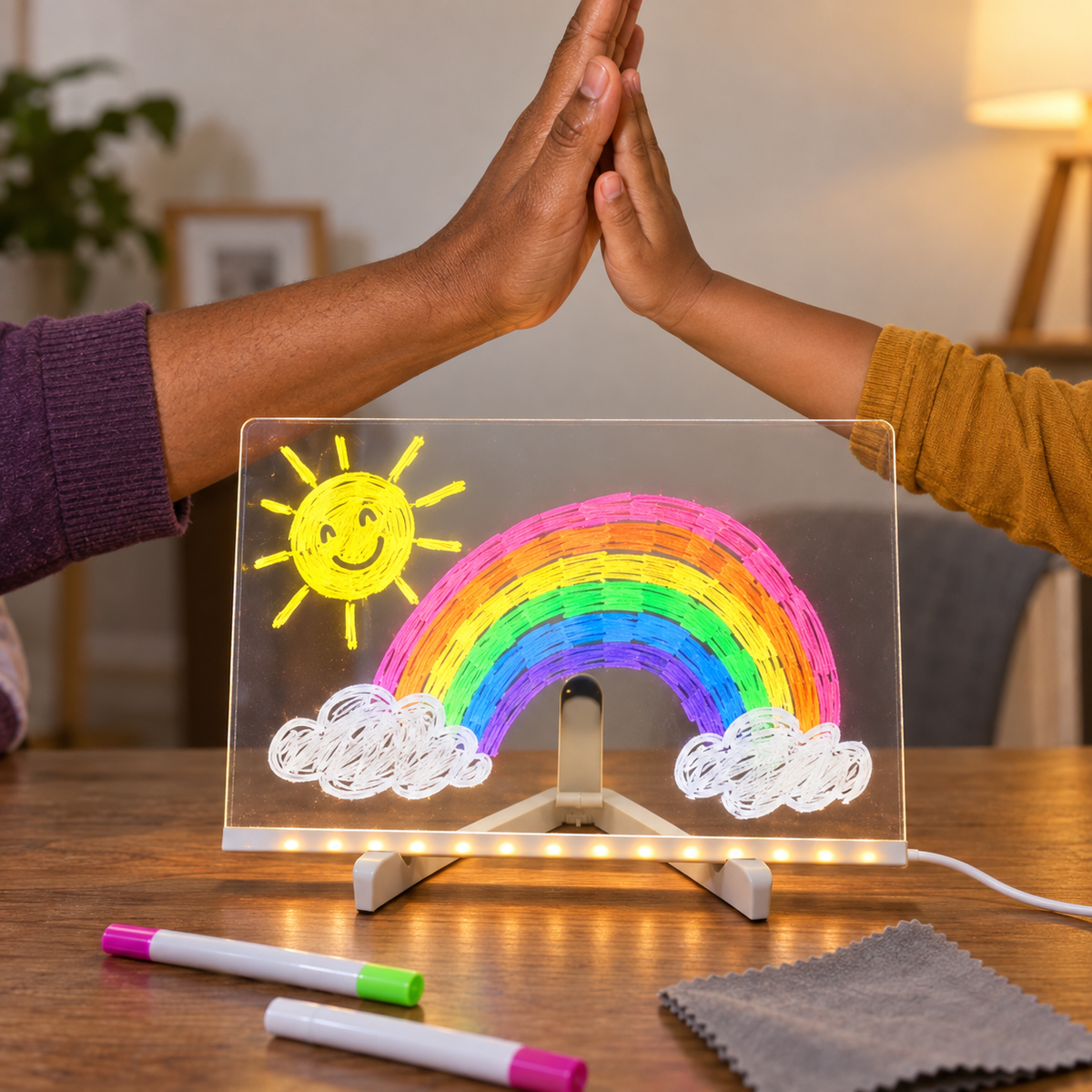 An adult and child share a high-five above a completed rainbow drawing.