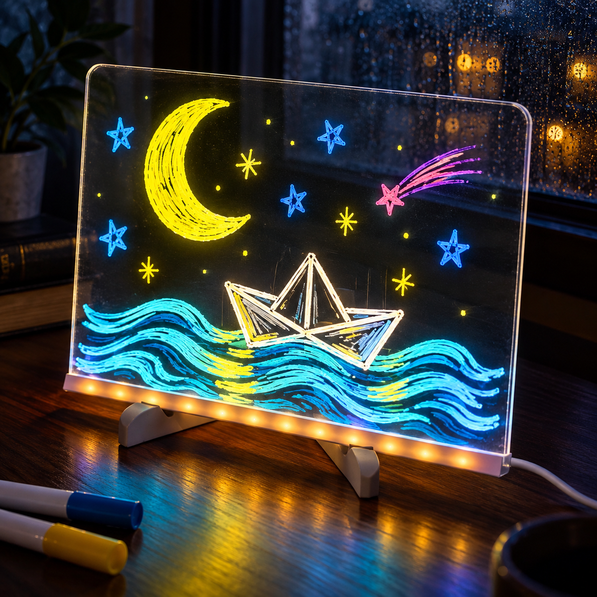 A crescent moon and paper boat glow on a drawing board beside a rainy window.