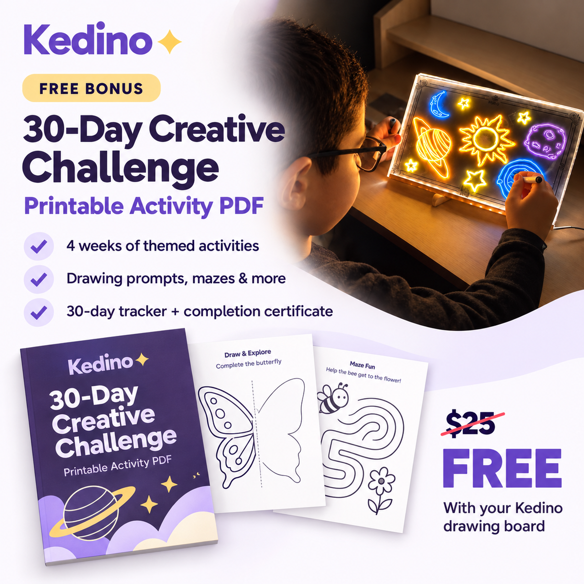 Kedino 30-Day Drawing Challenge shown beside the glowing drawing board