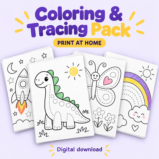 Coloring and tracing printables with a dinosaur, rocket, butterfly and rainbow