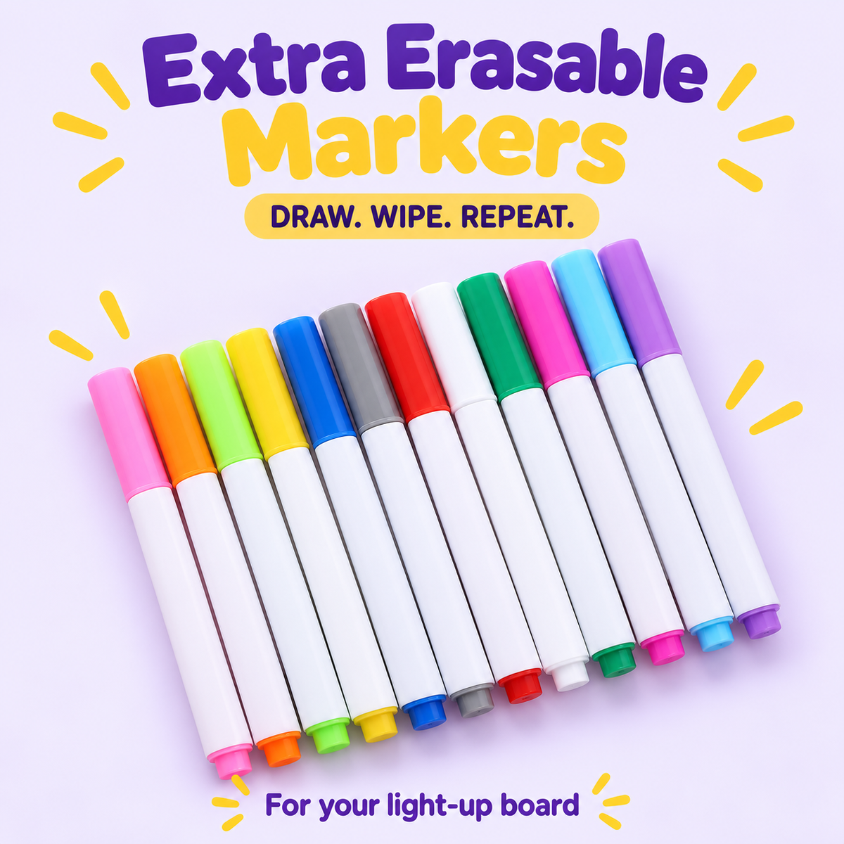 Twelve white-barrel erasable markers with colorful caps on a lavender background