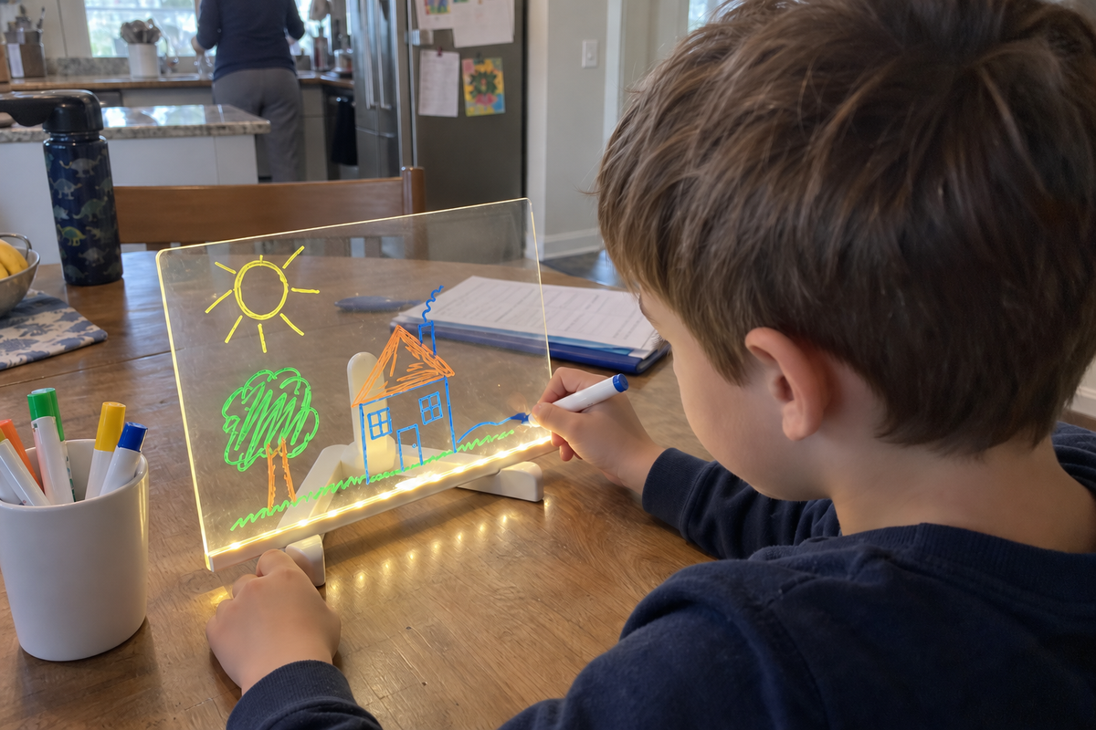 A child drawing a house on the Large Kedino board at the kitchen table