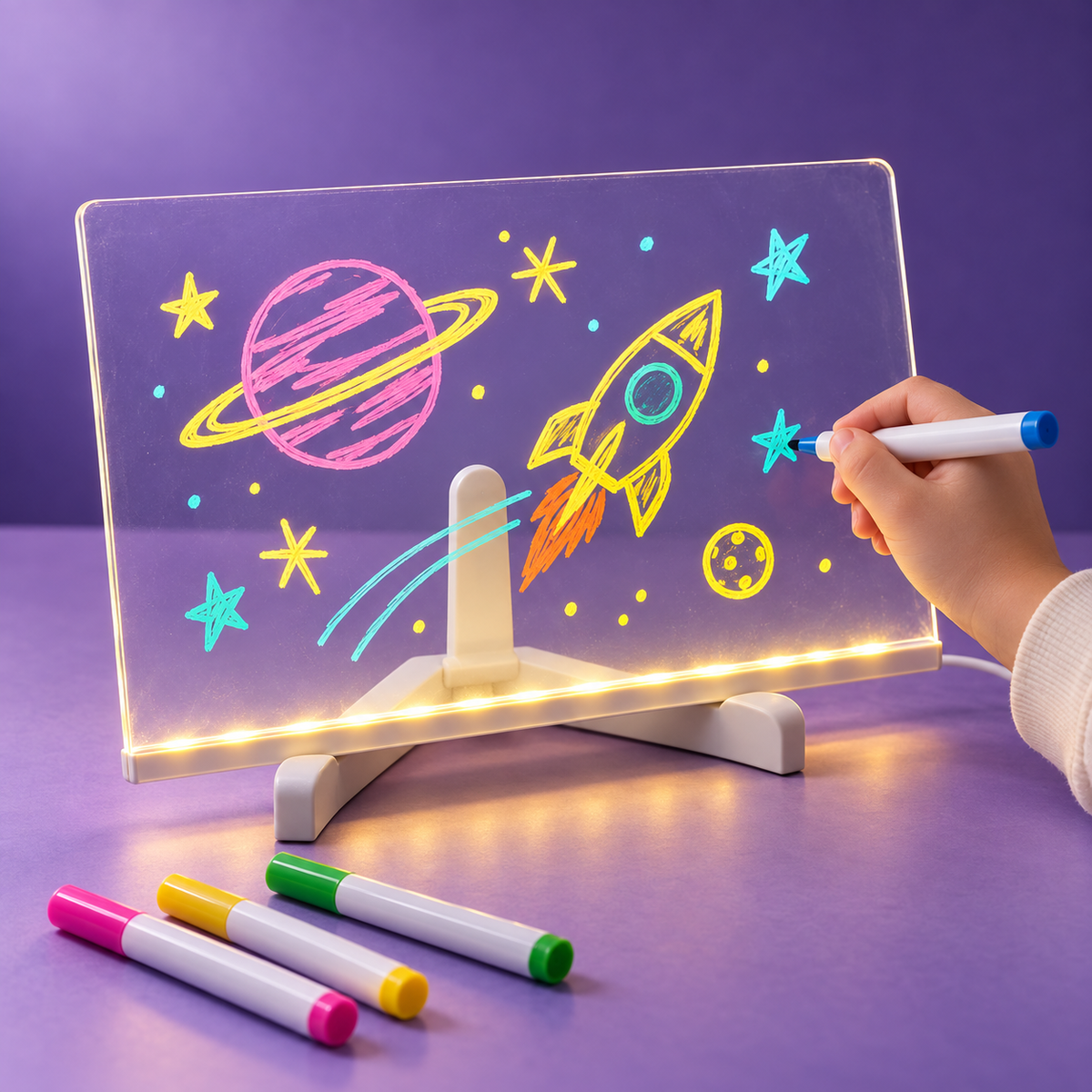 A hand drawing a colorful rocket and stars on the Large Kedino board against a purple studio backdrop