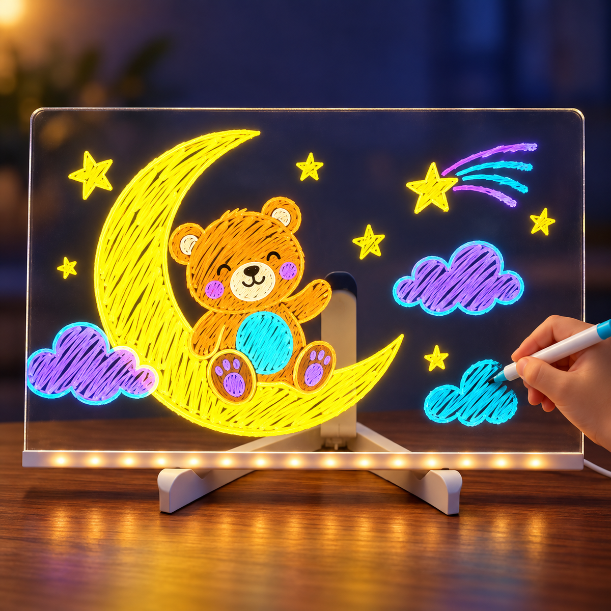 Large rectangular Kedino drawing board with a glowing bear and moon drawing and a child's hand coloring a cloud.