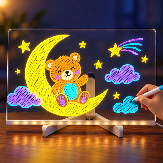 Large rectangular Kedino drawing board with a glowing bear and moon drawing and a child's hand coloring a cloud.