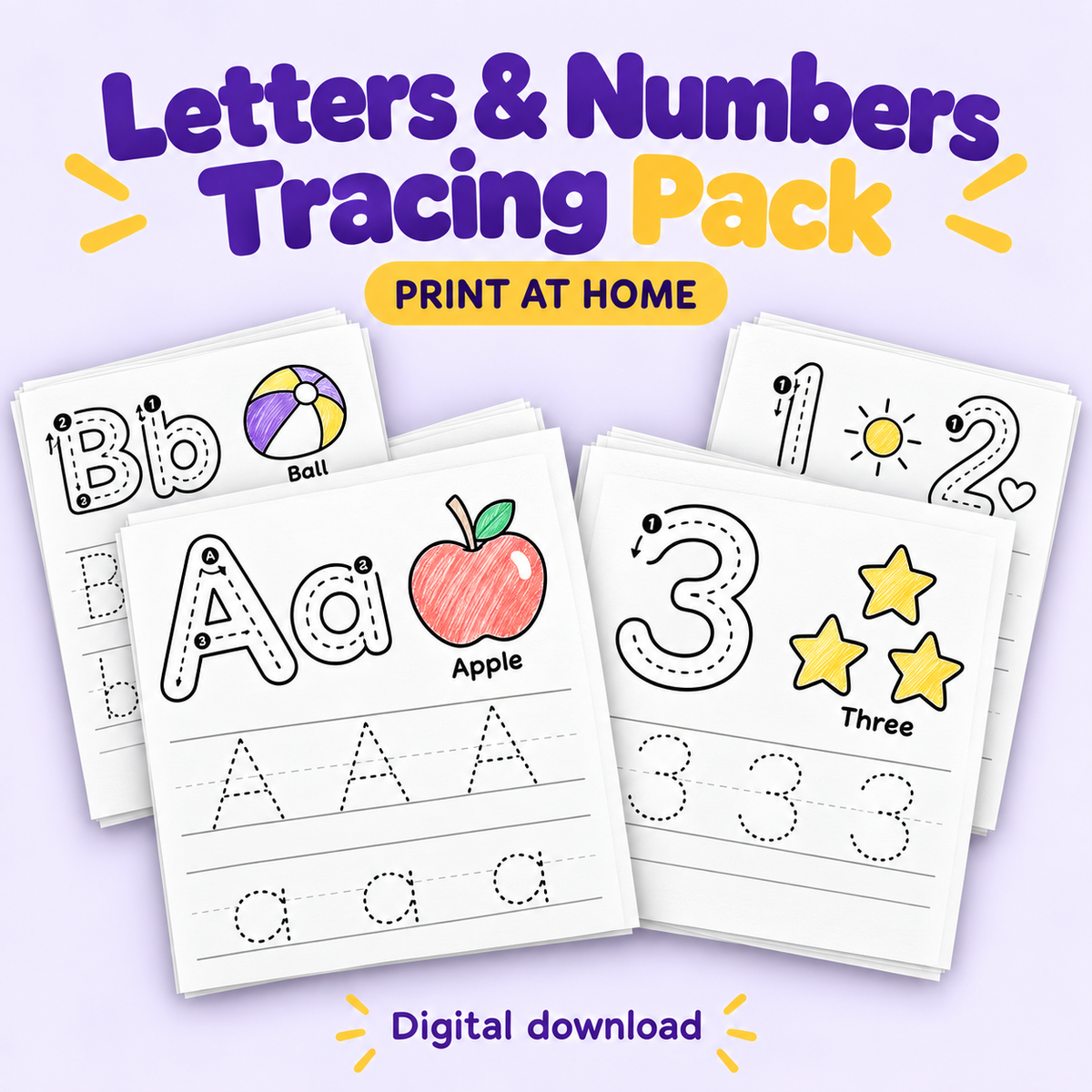 Printable letter and number tracing sheets on a lavender background