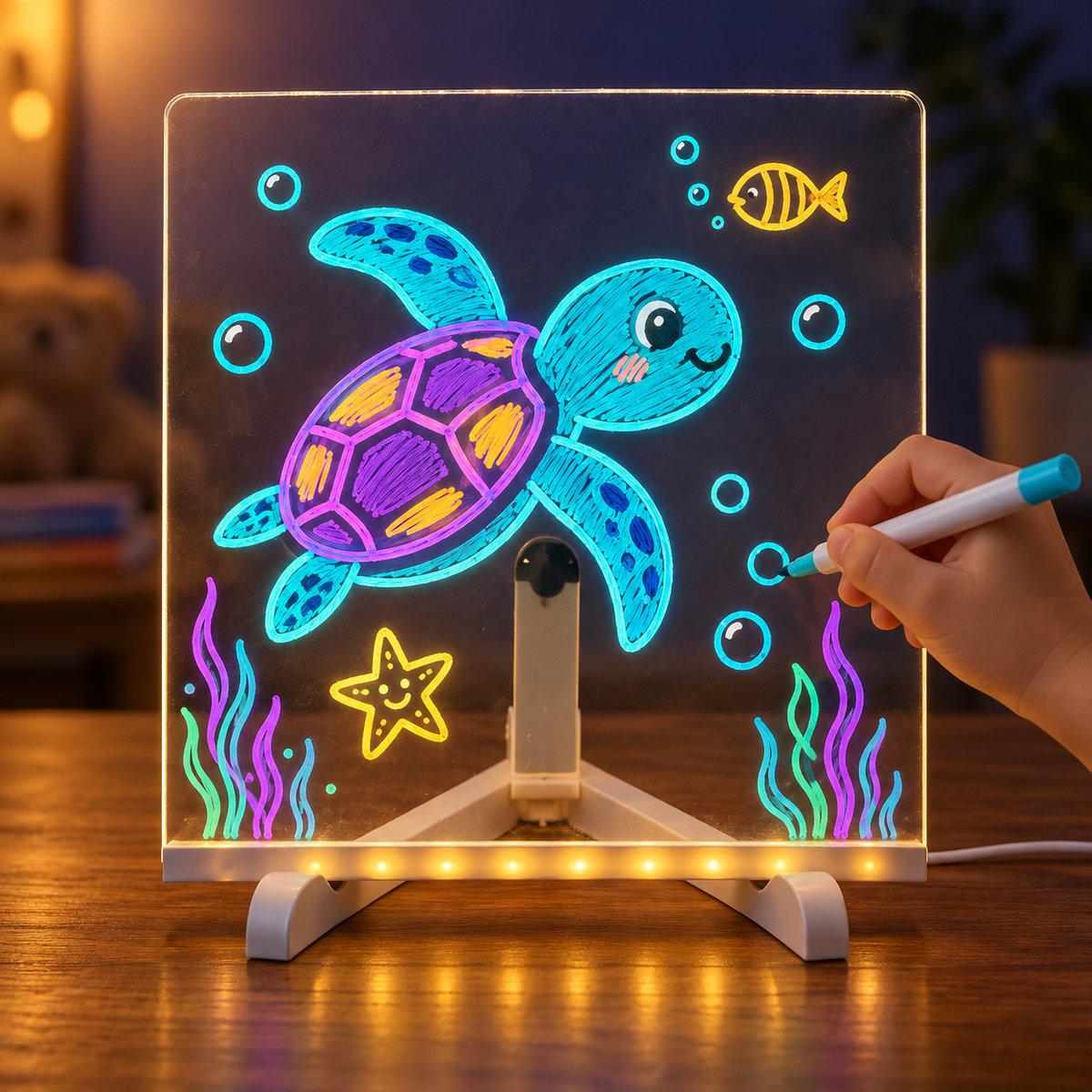 Small square Kedino drawing board with a glowing sea turtle drawing and a child's hand drawing a bubble.