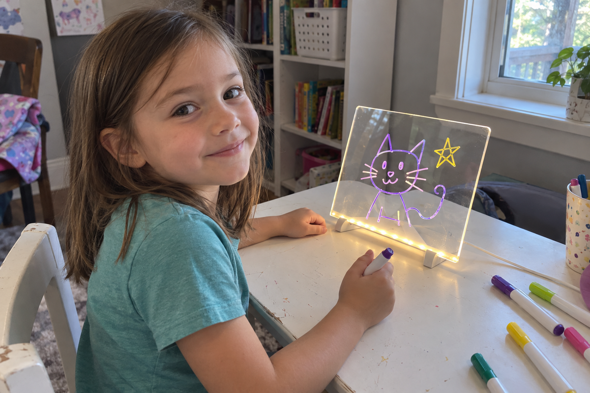 A child showing a cat and star drawing on the Small Kedino board